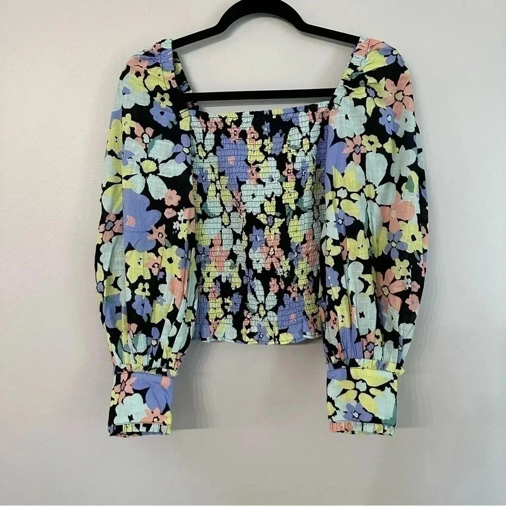 NWT Free People Ariana Floral Puff Sleeve Smocked Square Neck Blouse Sz XS